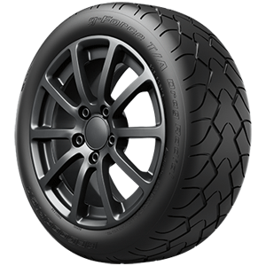 A close up of a bfgoodrich tire on a white background