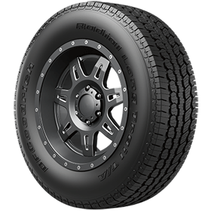 A bfgoodrich tire with a black rim on a white background