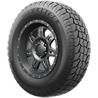 A close up of a tire on a wheel on a white background.