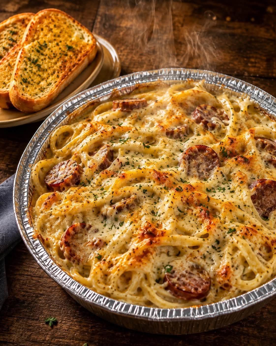 Baked creamy pasta in a foil pan with a slice of garlic bread on a rustic table