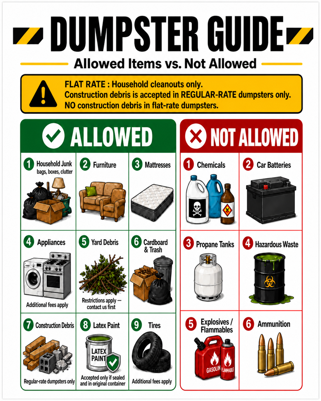 Dumpster guide poster showing allowed and not allowed items for a dumpster.