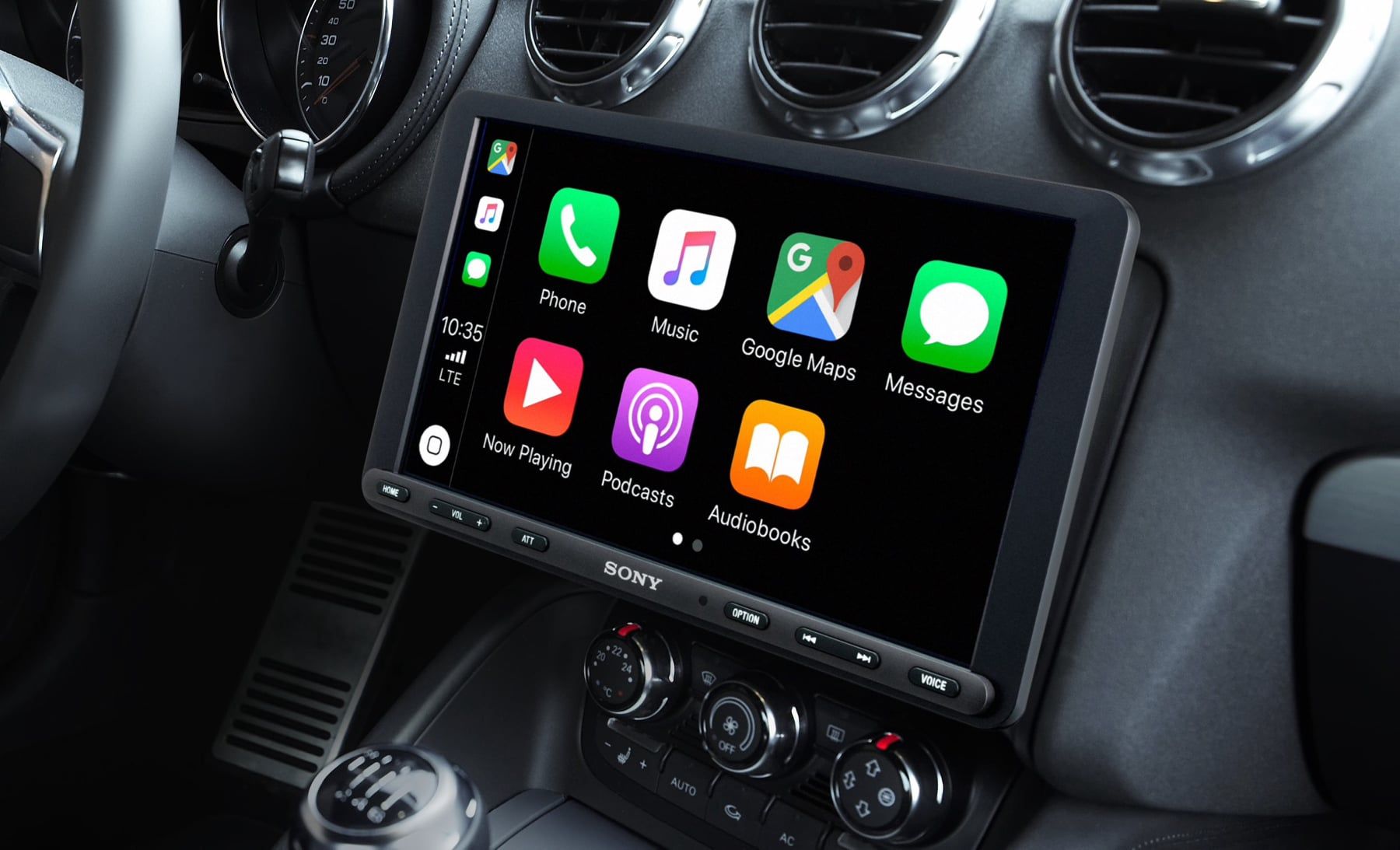 A car stereo with a touchscreen display in the center console.