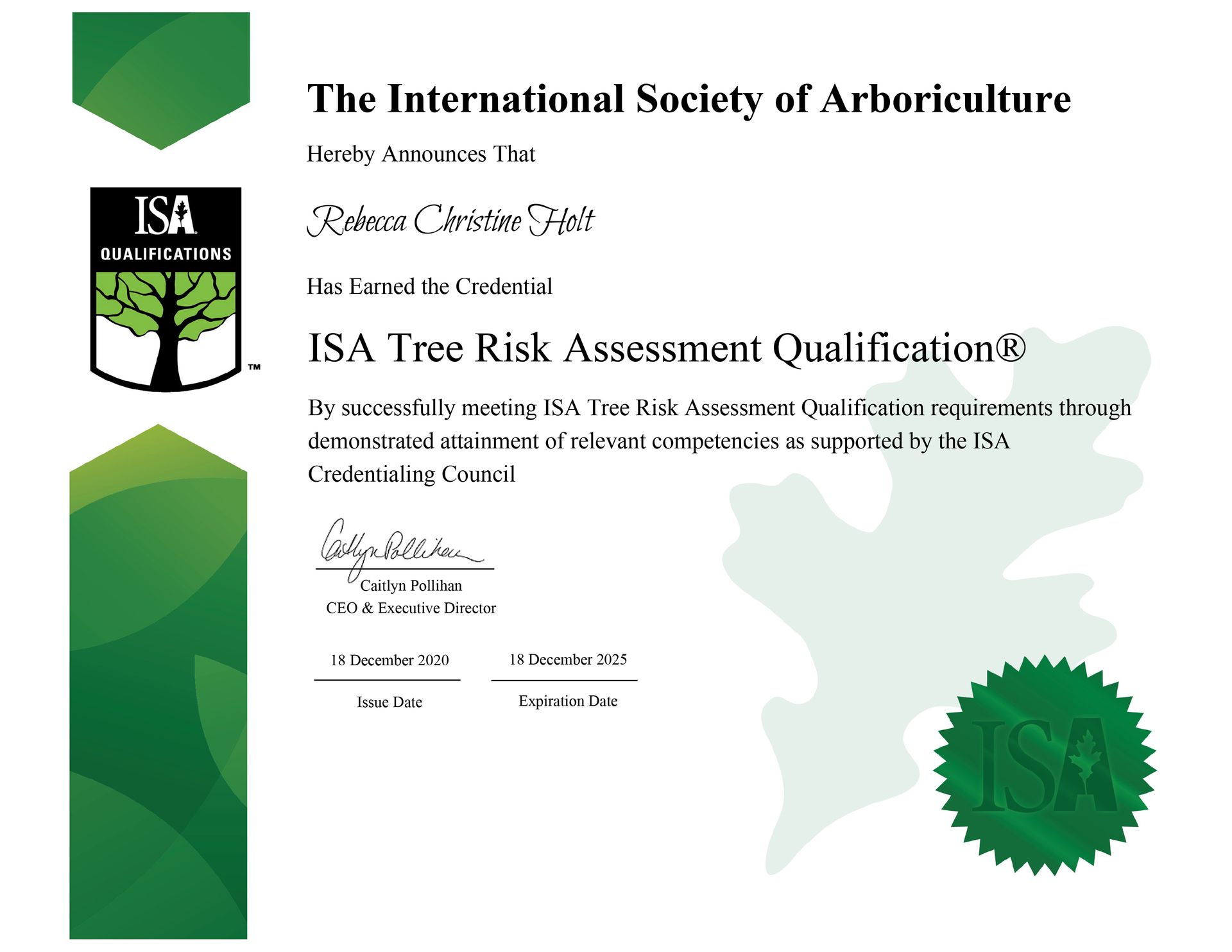 ISA Tree Risk Assessment Qualification Certificate