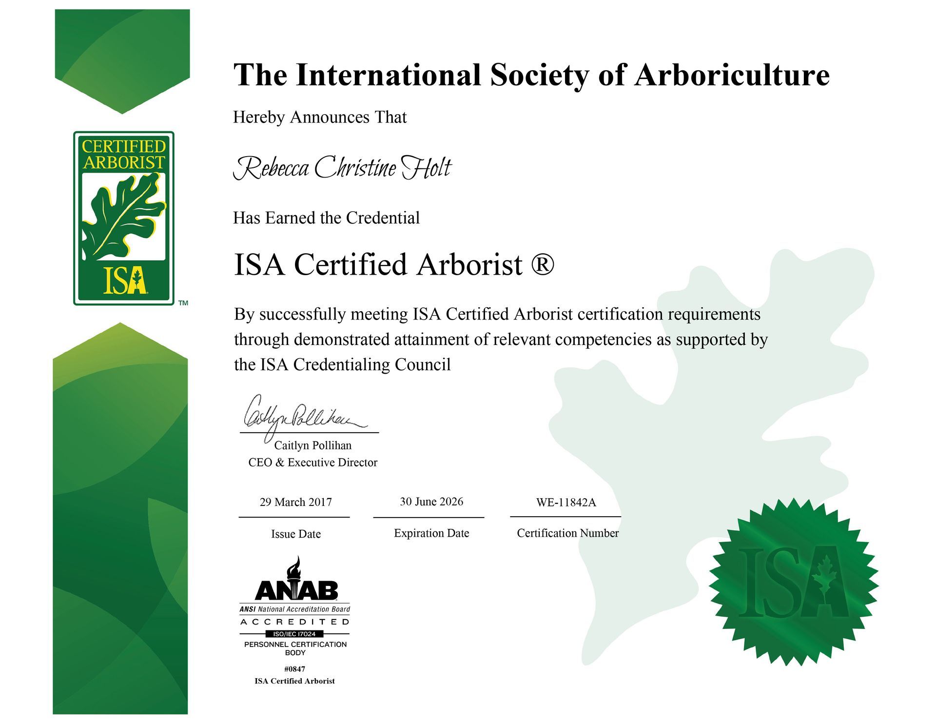 ISA Certified Arborist Certificate