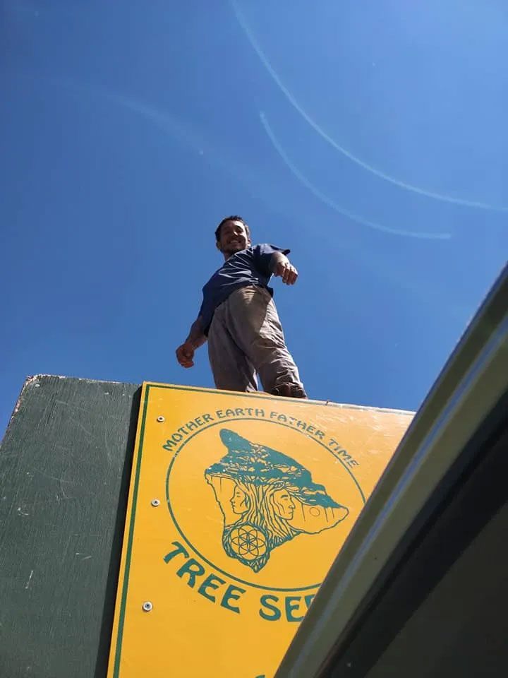 A man standing on top of a yellow sign that says tree set