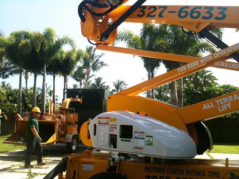 A yellow all terra lift with the number 327-6633 on it