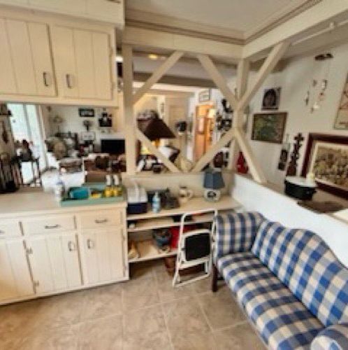 A living room with a blue and white plaid couch
