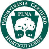 Pennsylvania Certified Horticulturist seal: green and white, tree image, PLNA initials, and