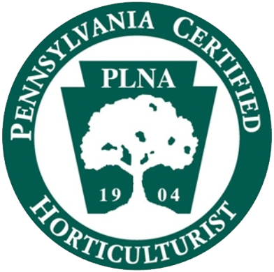 Pennsylvania Certified Horticulturist seal: green and white, tree image, PLNA initials, and