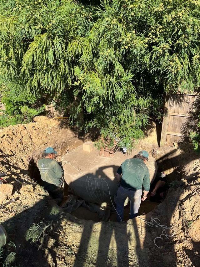 Workers in a pit removing a large, cylindrical object under a green bush; sunny day.