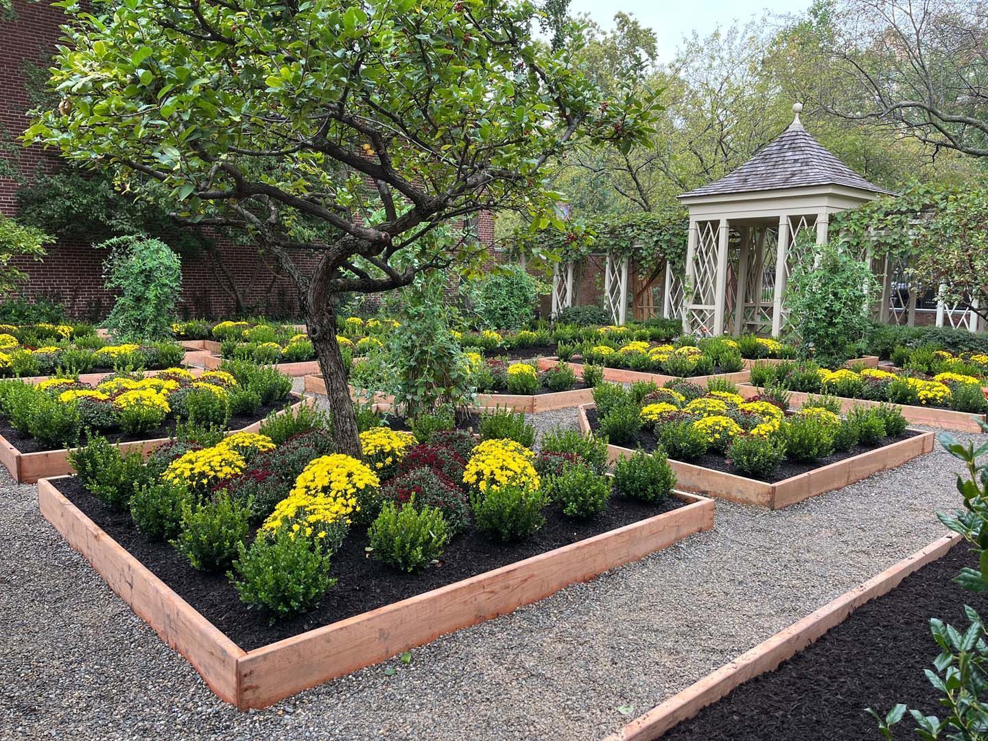 Formal garden with raised beds, gravel paths, a gazebo, and tree.