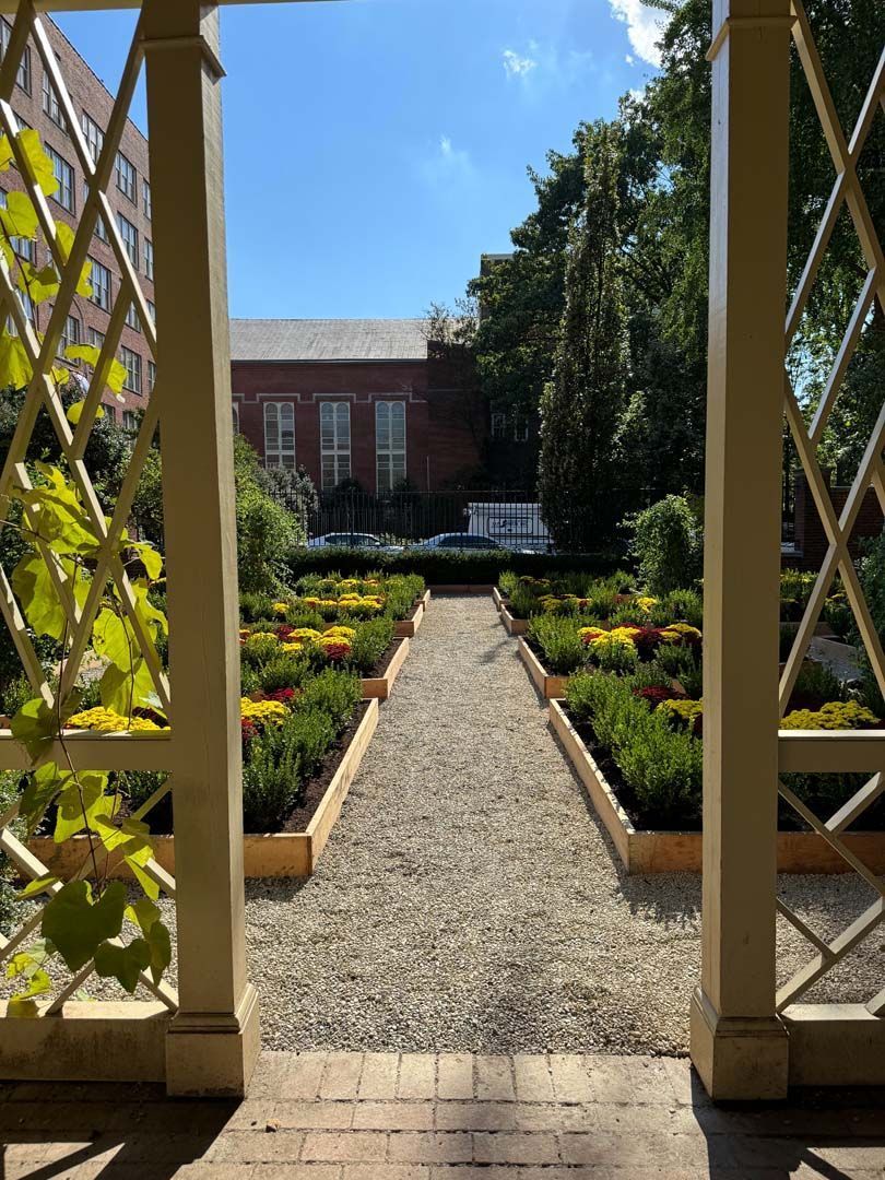 Garden path with flowerbeds, viewed through a white trellis, leads to a brick building under a blue sky.