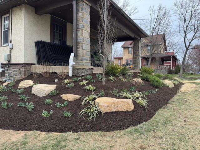 Landscaped front yard with mulch, rocks, and shrubs in front of a house.