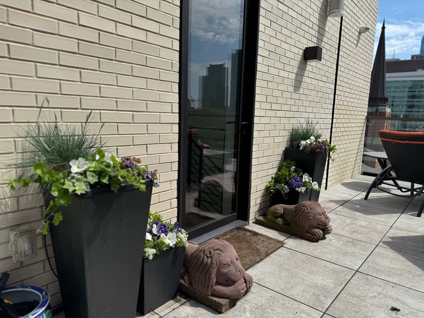Rooftop patio with planters, a doorway, stone lion statues, and city views on a sunny day.
