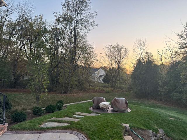 Lawn with covered chairs, stepping stones, and trees, viewed in the soft light of dusk.