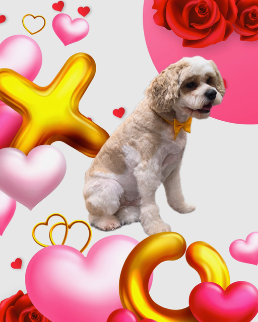 Small fluffy dog with a yellow bow, surrounded by pink hearts and red roses on a white background