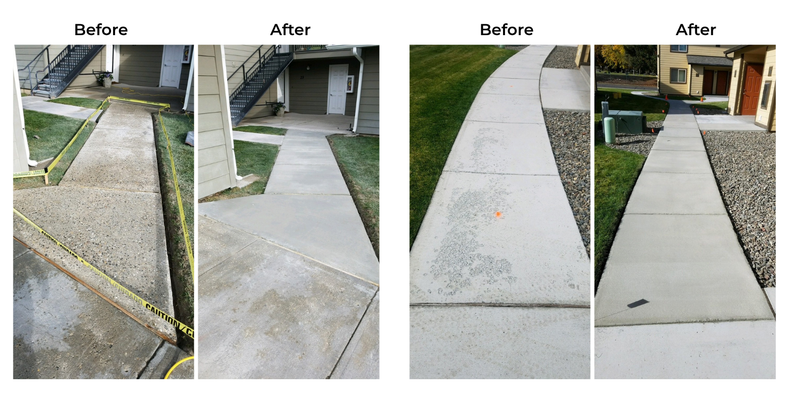 A before-and-after photo of a concrete sidewalk