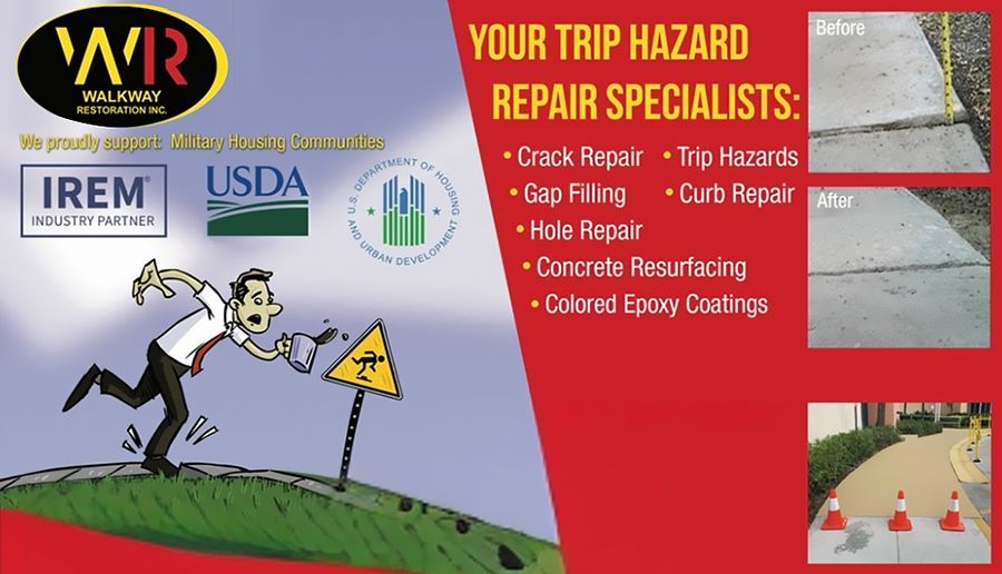 A cartoon of a man running away from a sign that says your trip hazard repair specialists