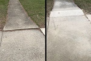 A before and after photo of a concrete sidewalk.
