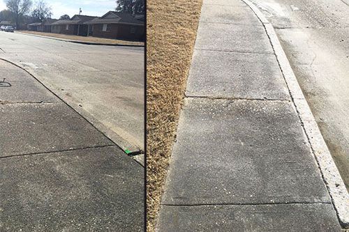 A before and after photo of a concrete sidewalk.