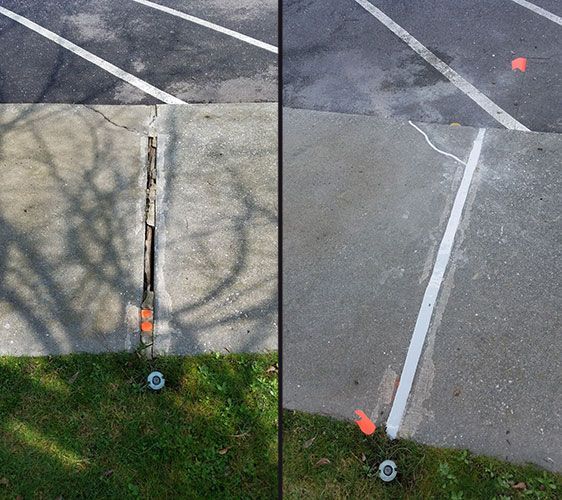 A before and after photo of a concrete sidewalk.