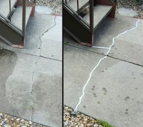 A before and after photo of a cracked sidewalk next to stairs.