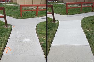 A before and after photo of a concrete walkway in a park.