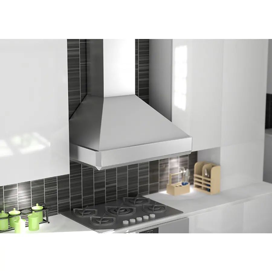 Modern kitchen with a stainless steel range hood, black stovetop, and countertop appliances