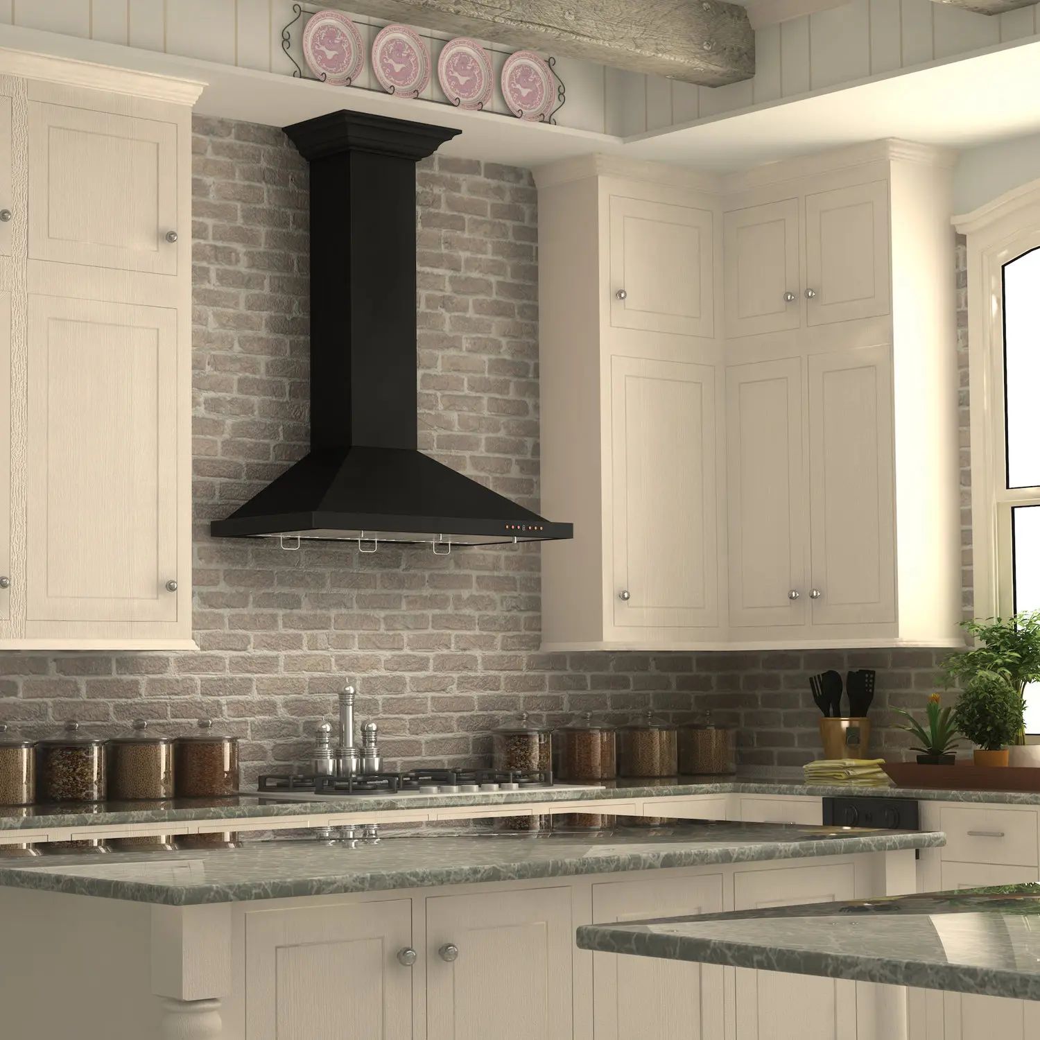 Bright kitchen with white cabinets, gray brick backsplash, black range hood, and granite countertops.