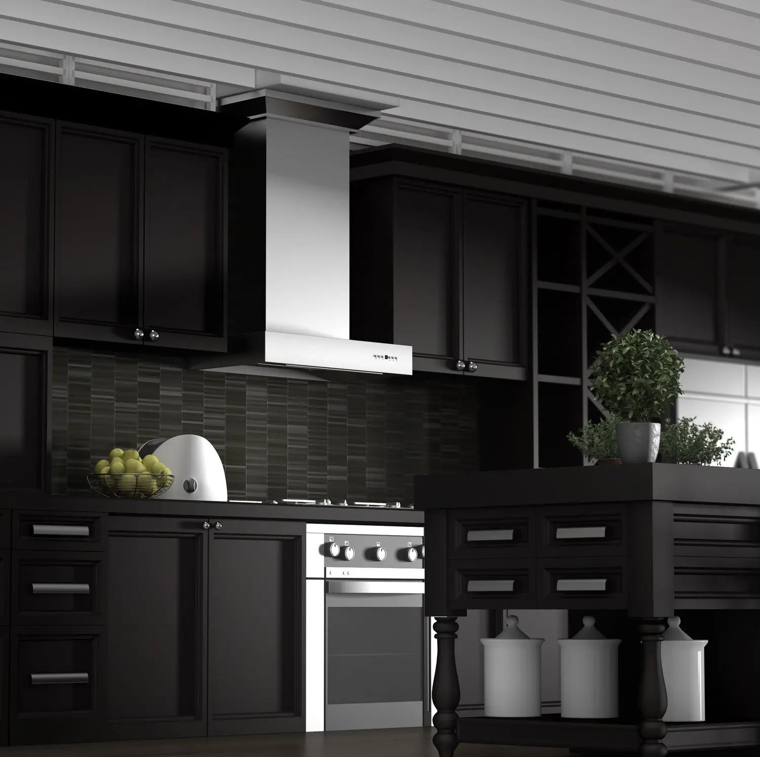 Modern black kitchen with white range hood, stainless stove, and potted plants on the counter