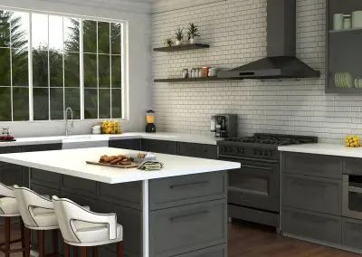Modern kitchen with gray cabinets, white island, black stove, and large window over sink
