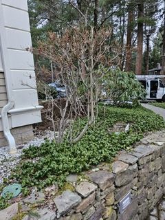 A white van is parked in front of a house next to a stone wall