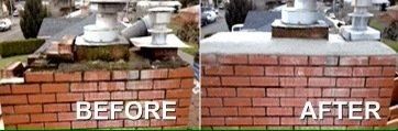 A before and after picture of a brick chimney.