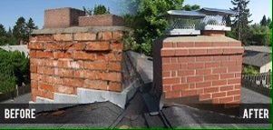 A before and after picture of a brick chimney