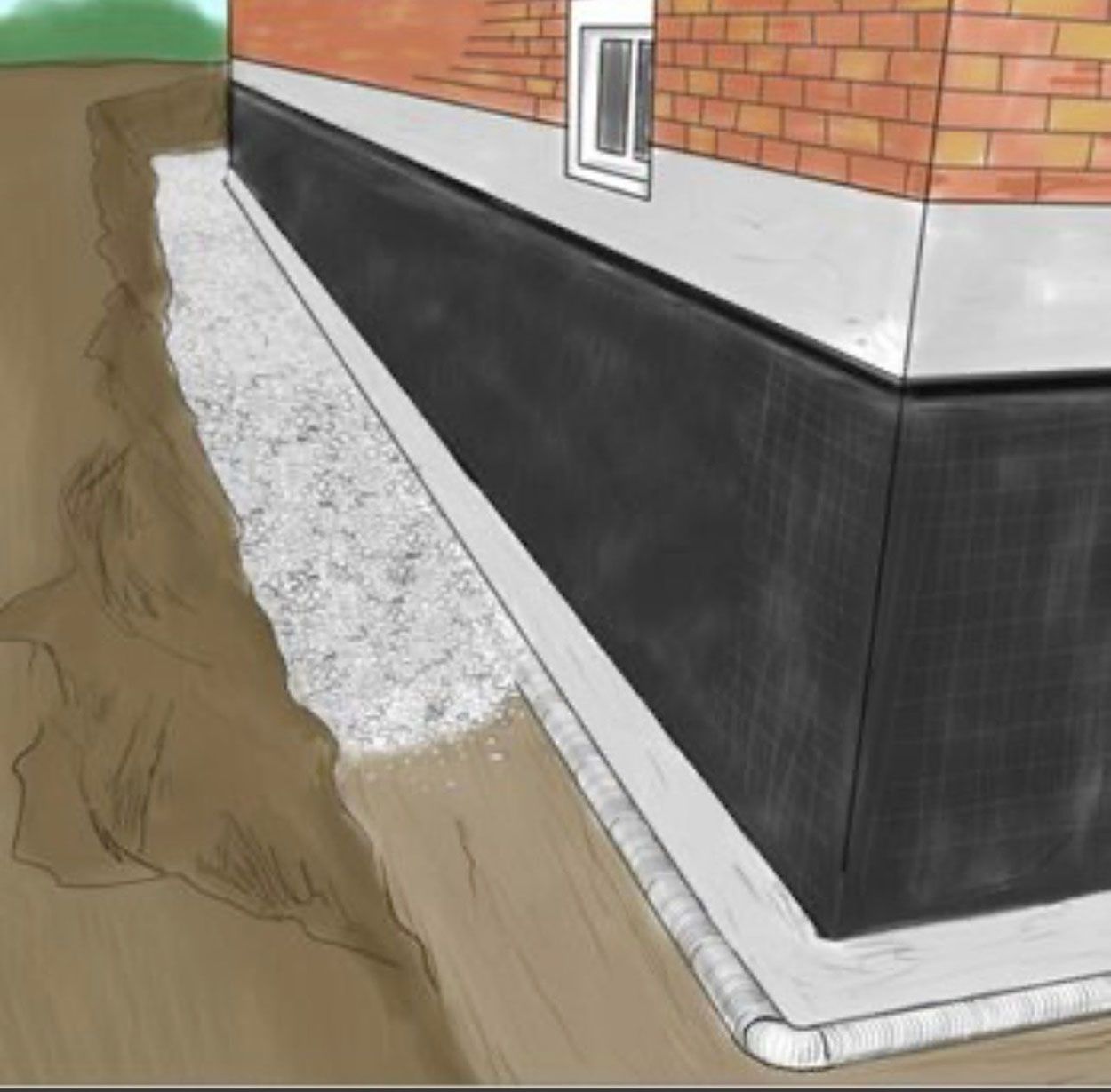 A drawing of a brick house with a black foundation