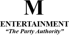 A black and white logo for m entertainment the party authority.