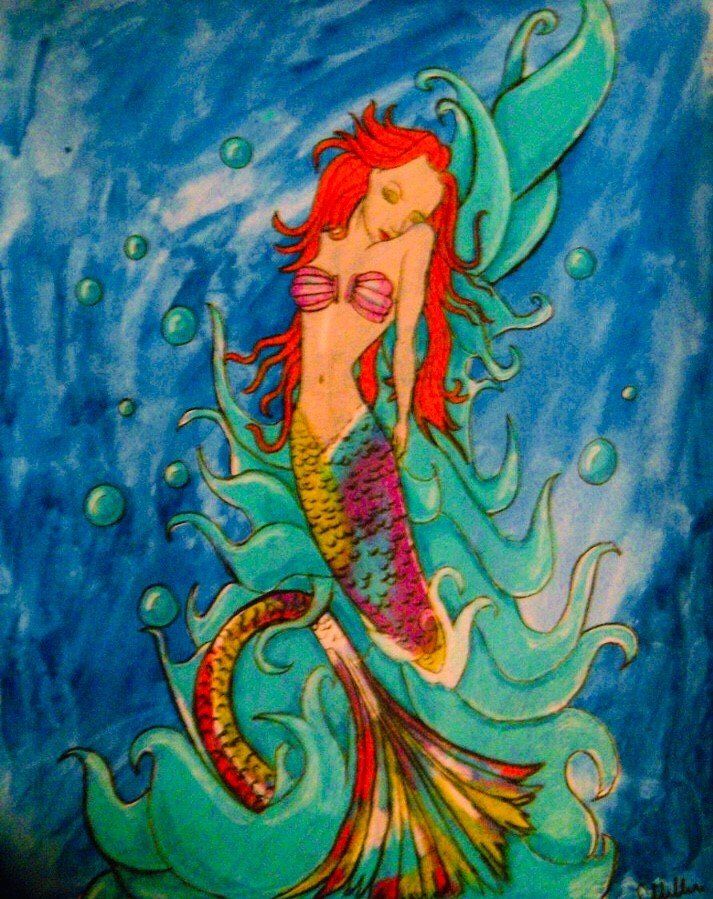 A painting of a mermaid with red hair and a colorful tail
