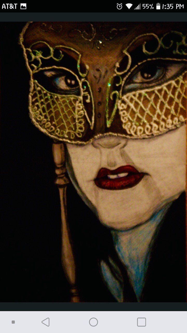A painting of a woman wearing a carnival mask
