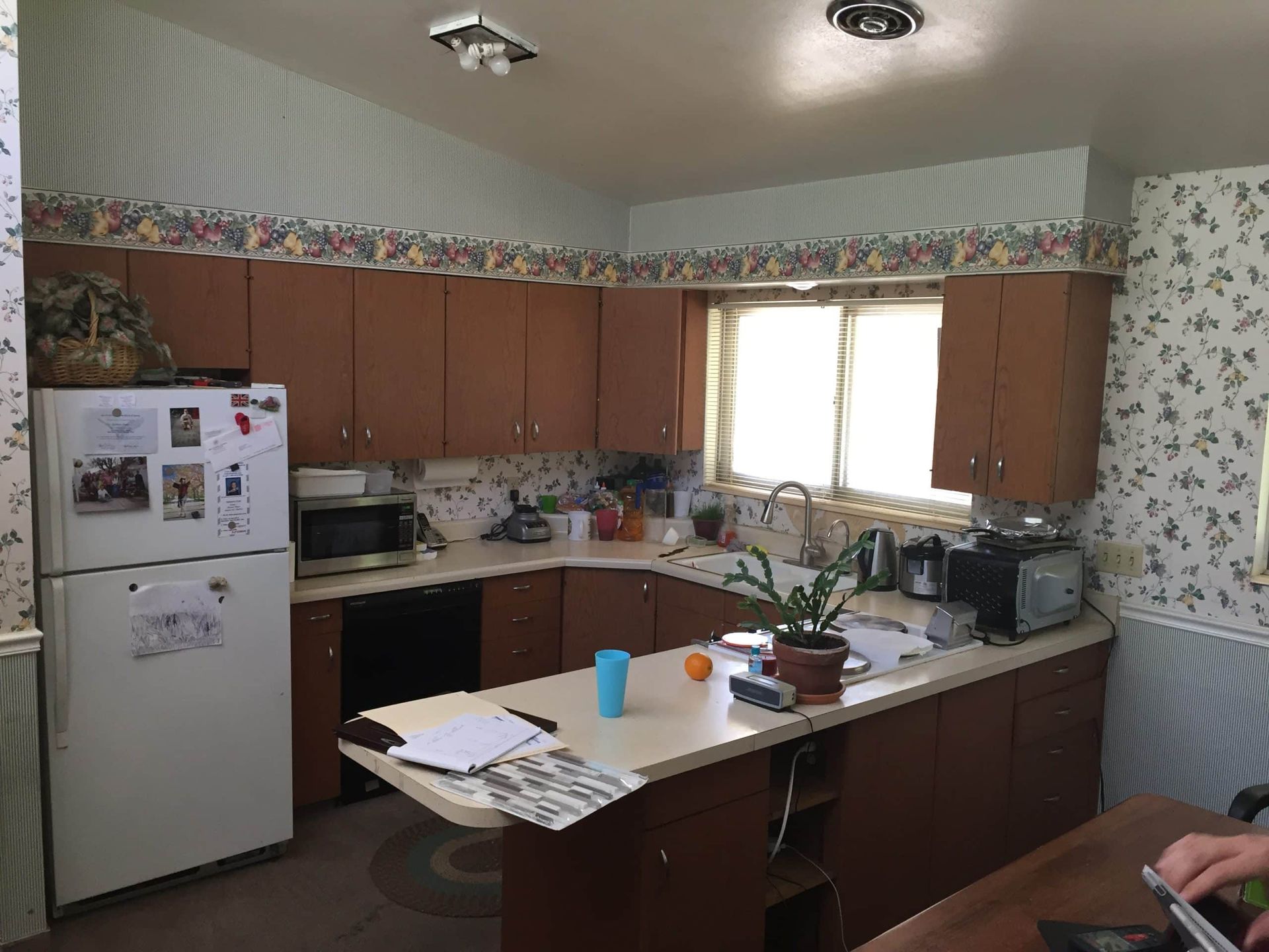Kitchen with brown cabinets, white fridge, island, and sunlit window with plants on the counter