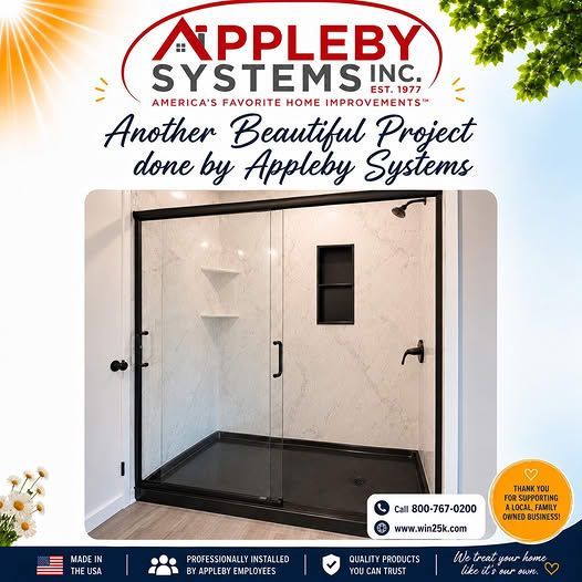 Appleby Systems ad for a white glass shower enclosure with black hardware