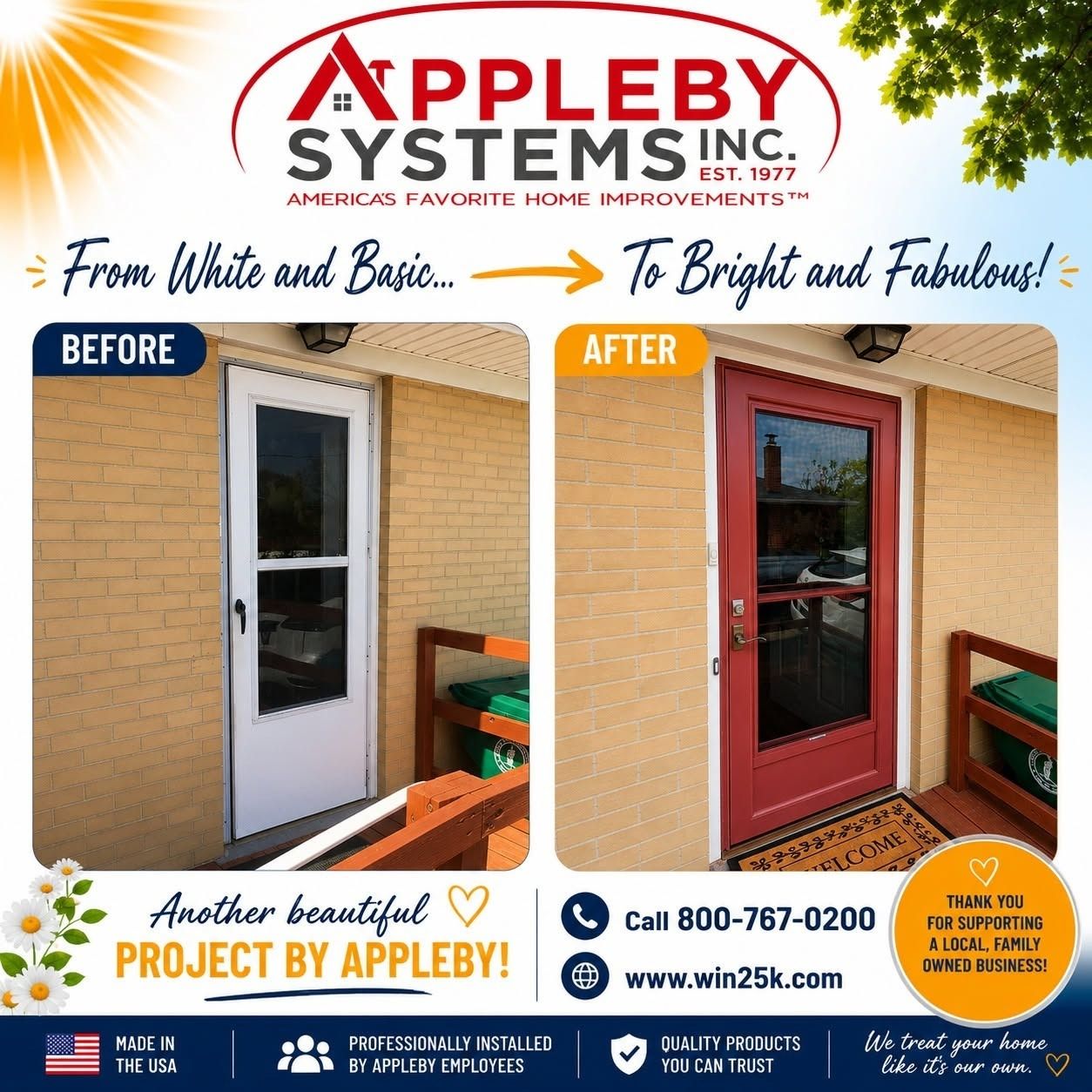Before-and-after exterior door replacement ad showing a white door changed to a red door.