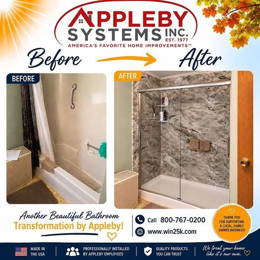Bathroom remodel before-and-after comparison showing the transformation from an outdated tub and shower to a modern walk-in shower