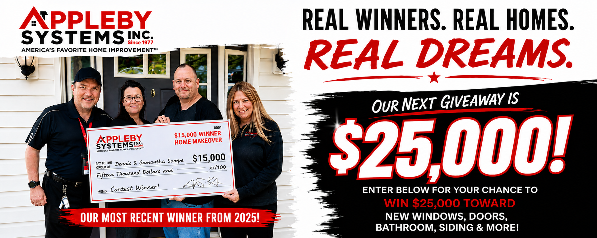 Appleby Systems promo with smiling people in HVAC truck, “Real winners. Real homes. Real dreams.” and $25,000 giveaway