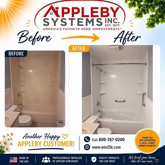 Before-and-after shower renovation ad showing tan tub surround replaced with a white walk-in shower.