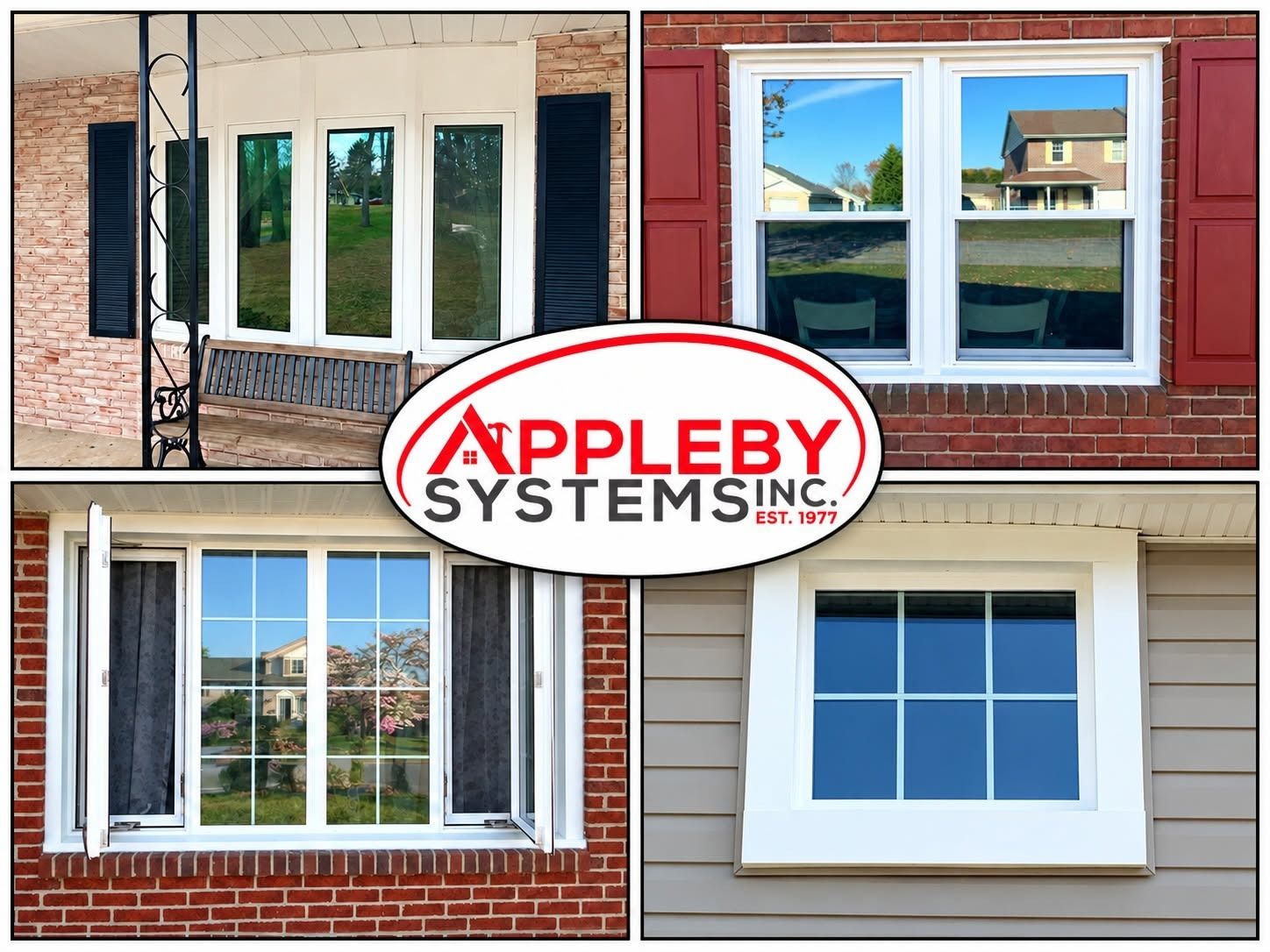 Appleby Systems logo over four window installation photos on brick buildings