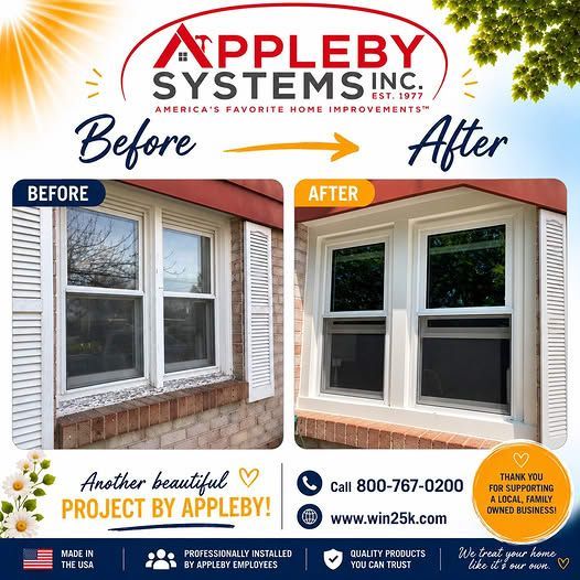 Before-and-after window replacement ad showing a brick house exterior with old white windows and new white vinyl windows.