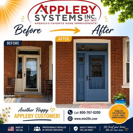 Before-and-after of a front door replacement: old white door replaced with a blue door by Appleby Systems Inc.