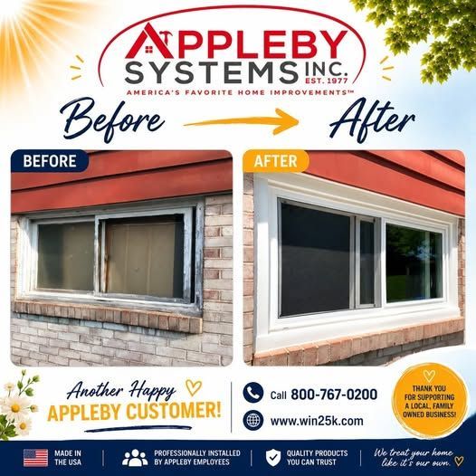 Before-and-after window replacement ad showing an old window replaced with a white-framed one by Appleby Systems Inc.