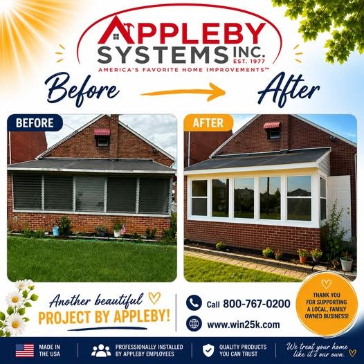 Before-and-after photo of a brick house with a new white sunroom addition and Appleby Systems Inc. branding