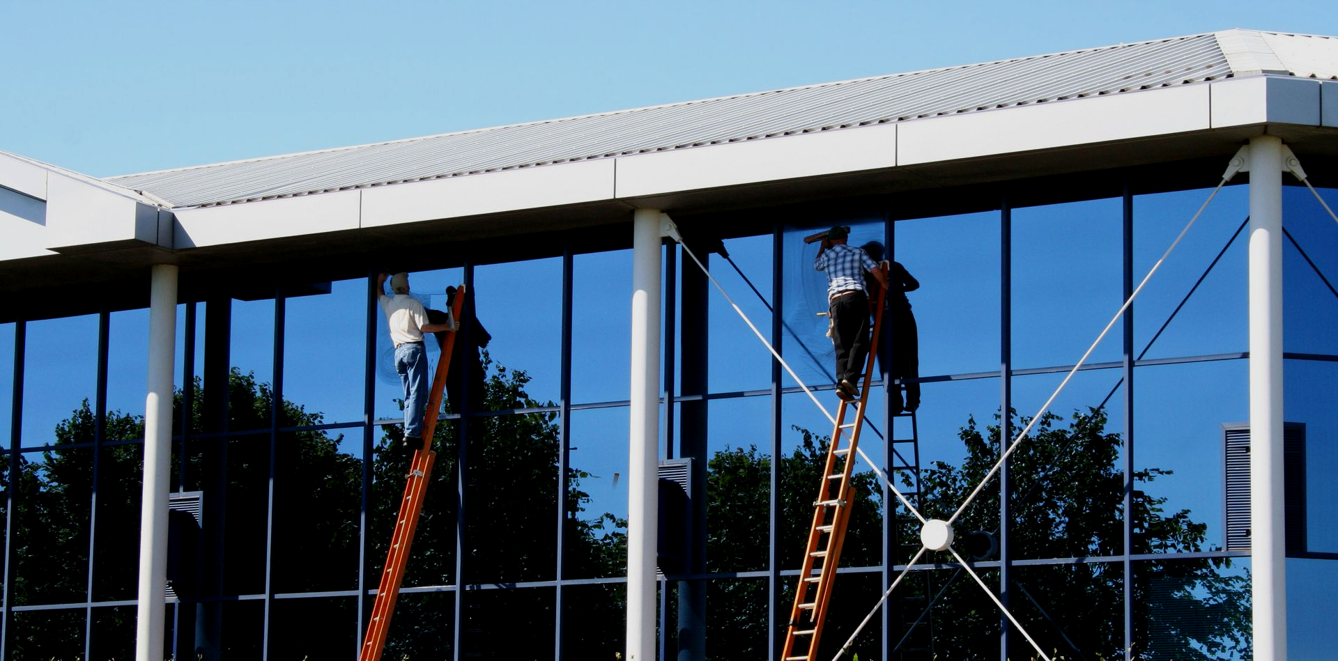 Window washers on ladders cleaning a modern building's large glass windows on a sunny day.